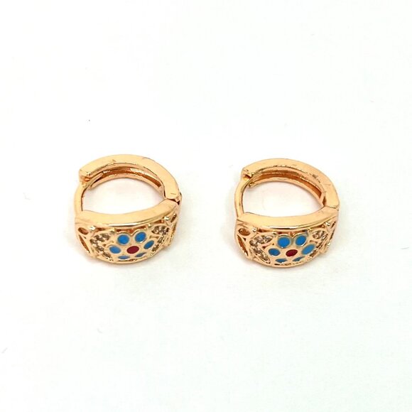 Gold Hoop Earrings with Blue & Red Enamel Elegant Filigree Vintage Design - Picture 3 of 5